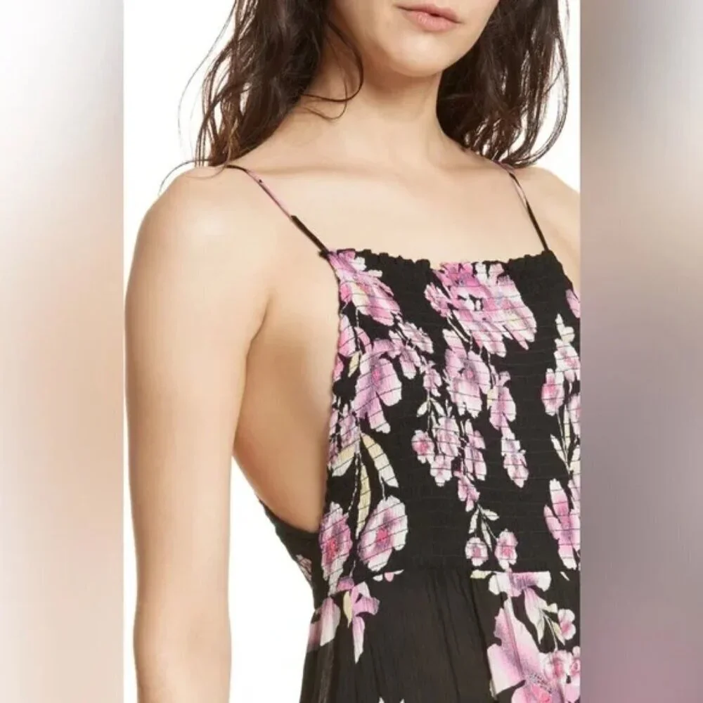 Free People Black Floral Smocked Maxi tiered Dress Long ties on shoulder